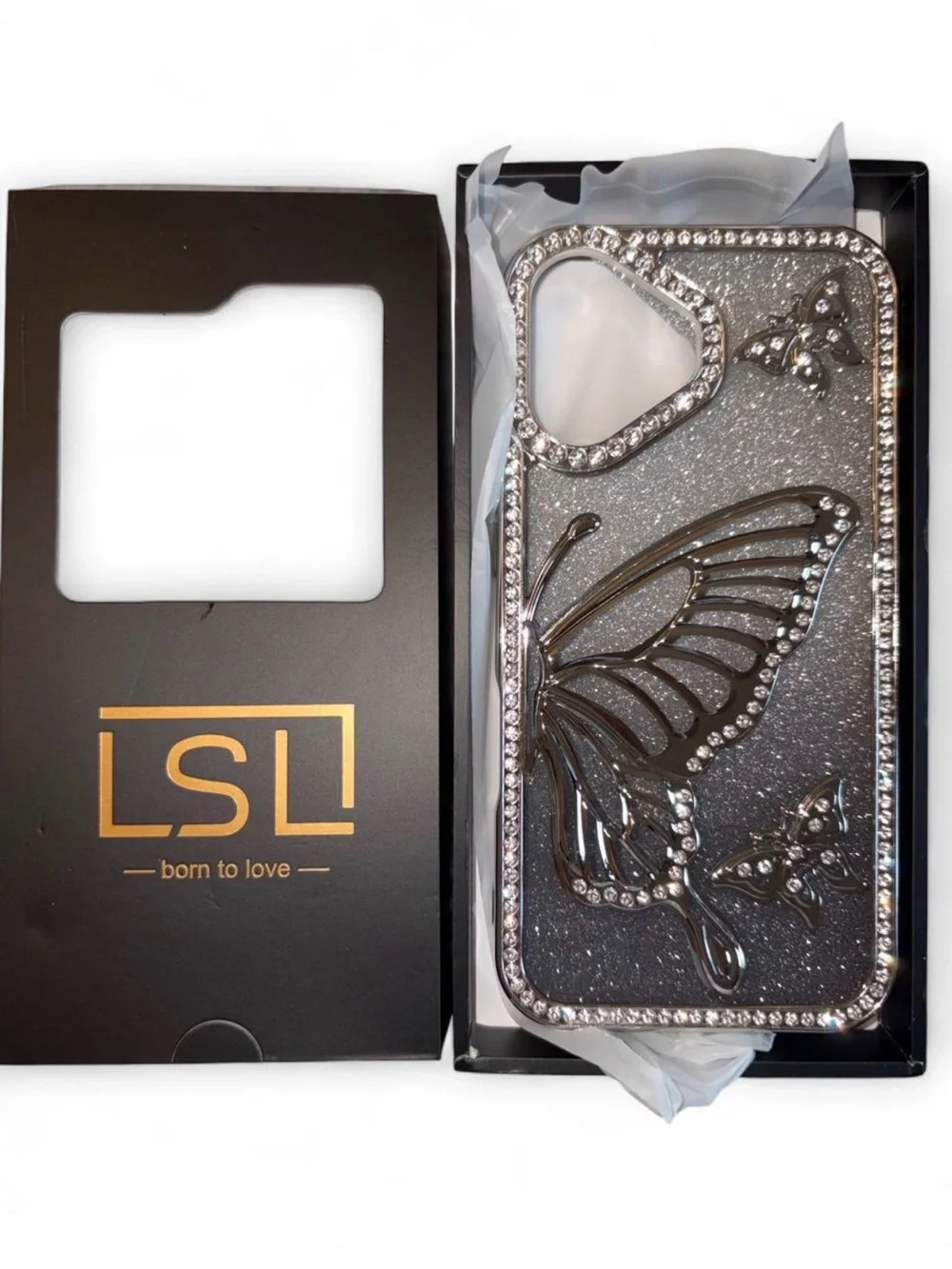 Glitter Black Butterfly Rhinestone Phone Case - For IPhone 16